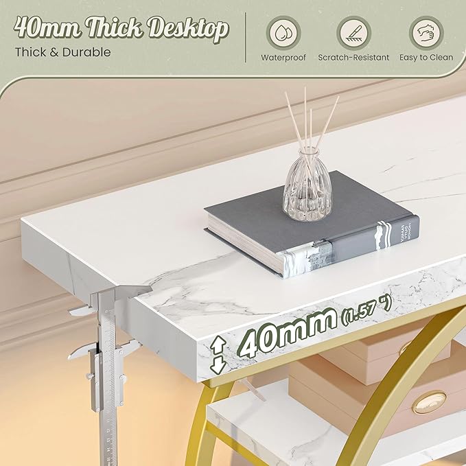 Huuger 47.2 Inch Entryway Table with Marble Top, Modern Console Sofa Table, Accent Table with Shelves, for Entry, Hallway, Entrance, Foyer, O-Shaped Metal Frame, White Marble & Gold