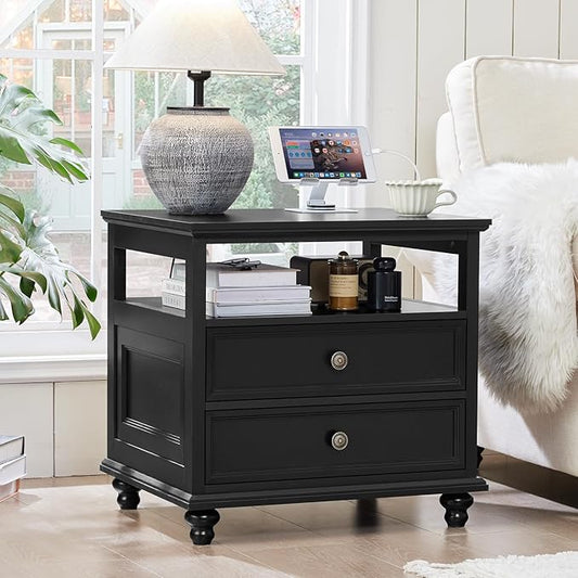Farmhouse Nightstand with Charging Station, 24" Wide End Table with 2 Drawers, Black Dresser for Bedroom, Bed Side Table Chest of Drawers Cabinet,Wood Night Stand for Living Room, Closet