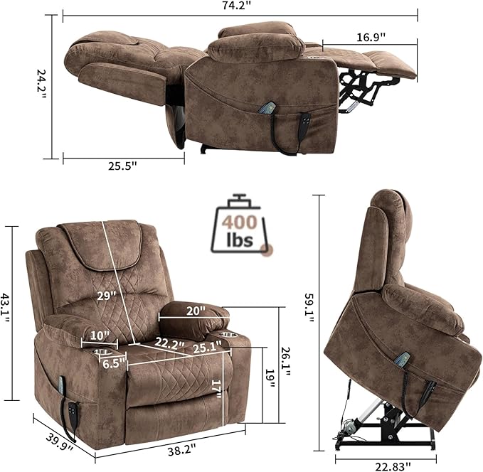 Recliner Lift Chairs for Elderly, 180 Degrees Lay Flat Recliner Chair with Heat and Massage and Cup Holder for Adults 400 lb Capacity (Brown Velvet)