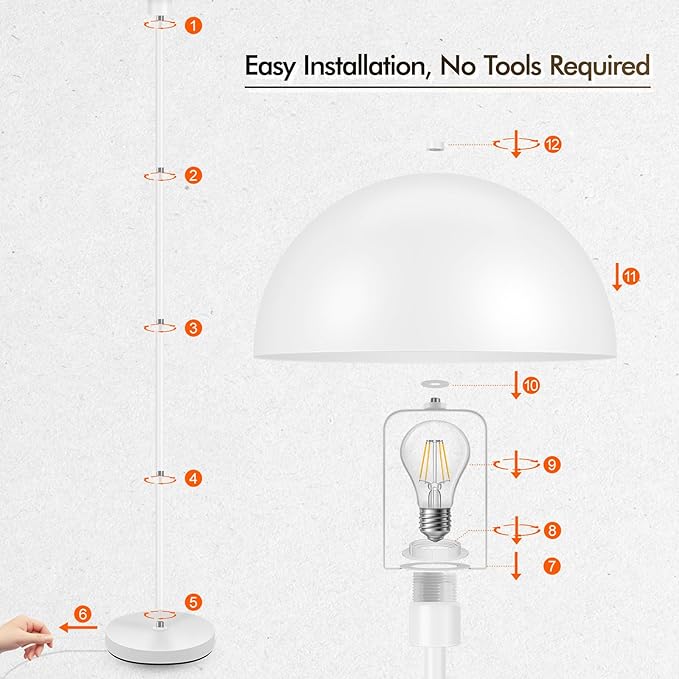 Floor Lamp, Industrial White Floor Lamps for Living Room, 65.6in Standing Lamp, Retro Mushroom Dome Shade, Whole Metal, E26 Socket, Mid Century Modern Floor Lamp for Bedroom/Office,No Bulb