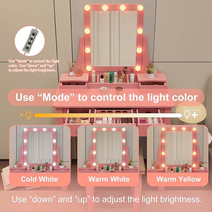 Vanity Desk with Mirror and Lights Makeup Vanity Desk with Lights Pink Vanity Table with Drawers and Chair Make Up Vanity with Lighted Mirror