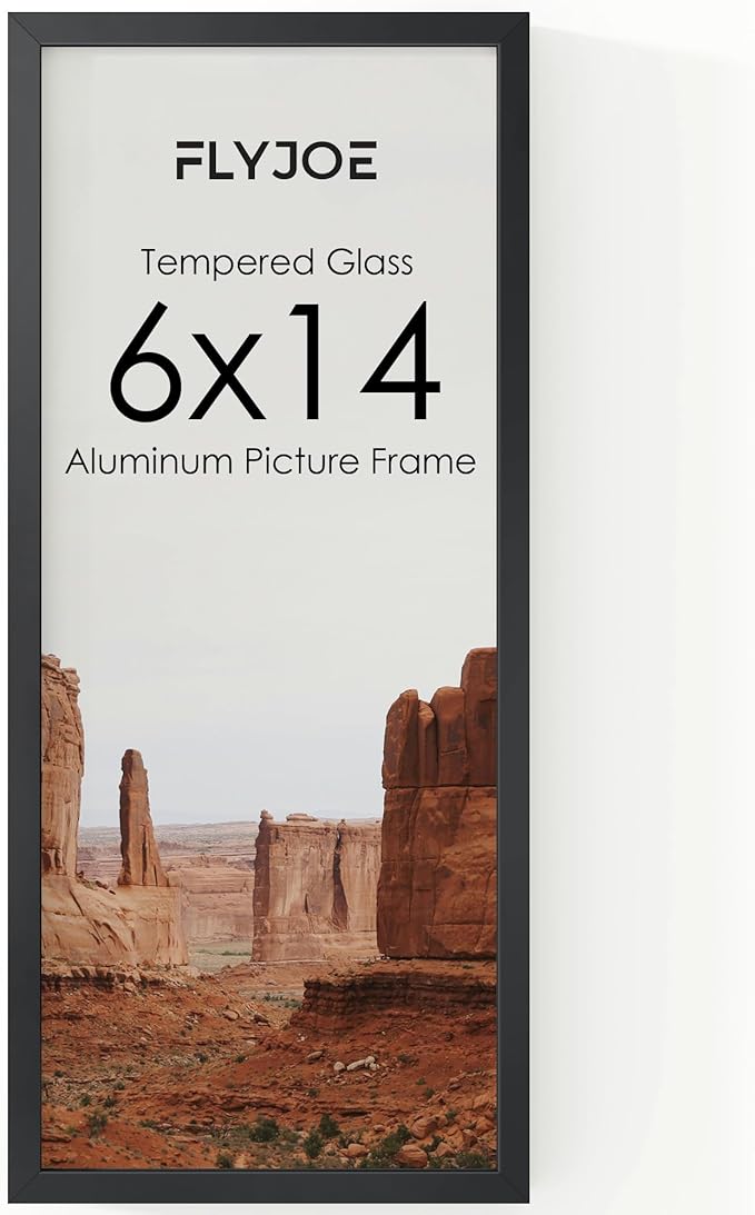 6x14 Metal Picture Frame - Black Aluminum Picture Frames with Real Glass, Wall Mounting Horizontally or Vertically, Simple and Elegant Decor for Wall Gallery Poster Photo 14x6 Frames, Black
