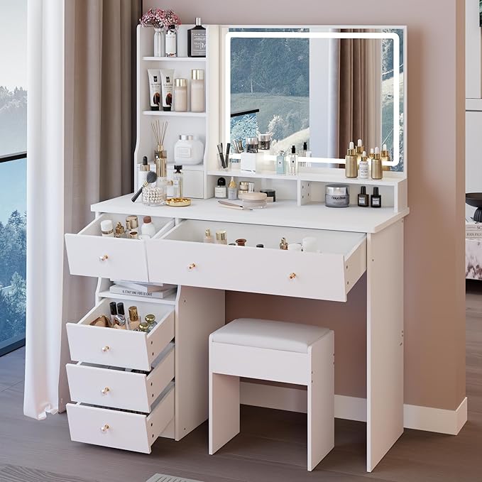 41" Vanity Desk with Mirror and Lights, Makeup Table with Led Mirror, 3 Lighting Colors, Vanity Set with 6 Drawers and Stool for Bedroom, White