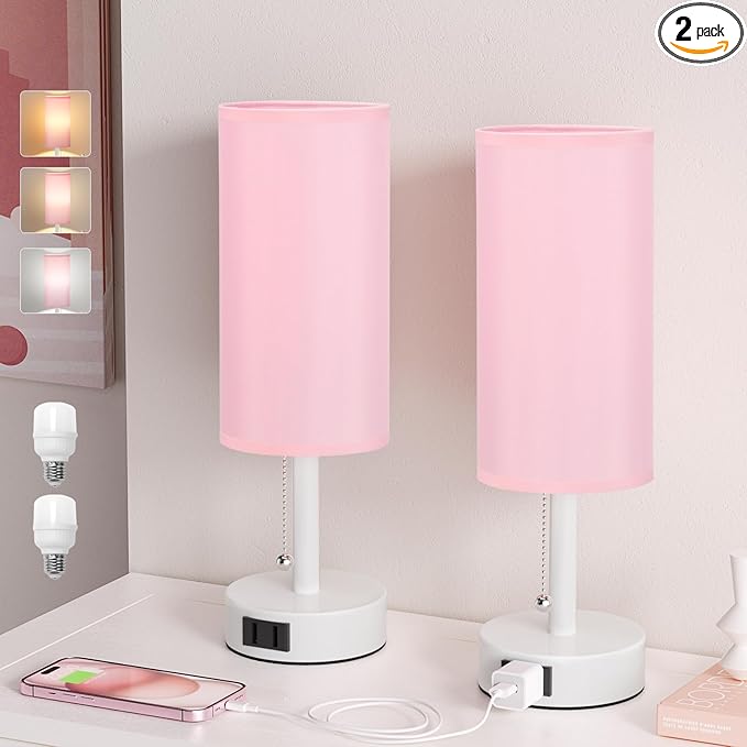 Pink Bedside Table Lamps Set of 2-3 Color Temperatures Pull Chain Lamp with AC Outlet Charging Port, Round Night Stand Lamps for Bedroom Office, Special for Girls