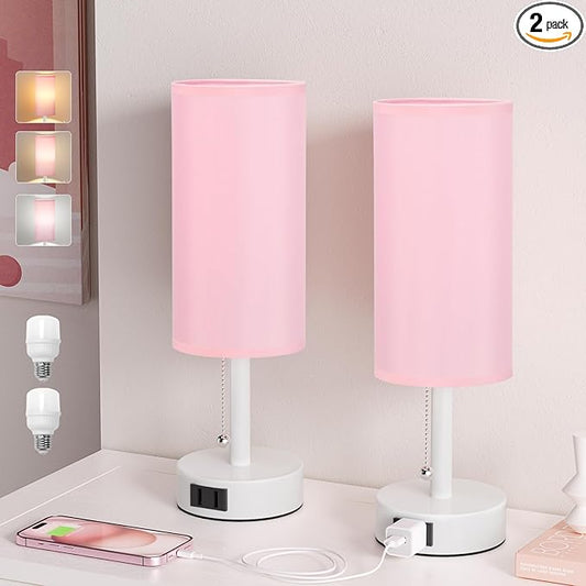 Pink Bedside Table Lamps Set of 2-3 Color Temperatures Pull Chain Lamp with AC Outlet Charging Port, Round Night Stand Lamps for Bedroom Office, Special for Girls