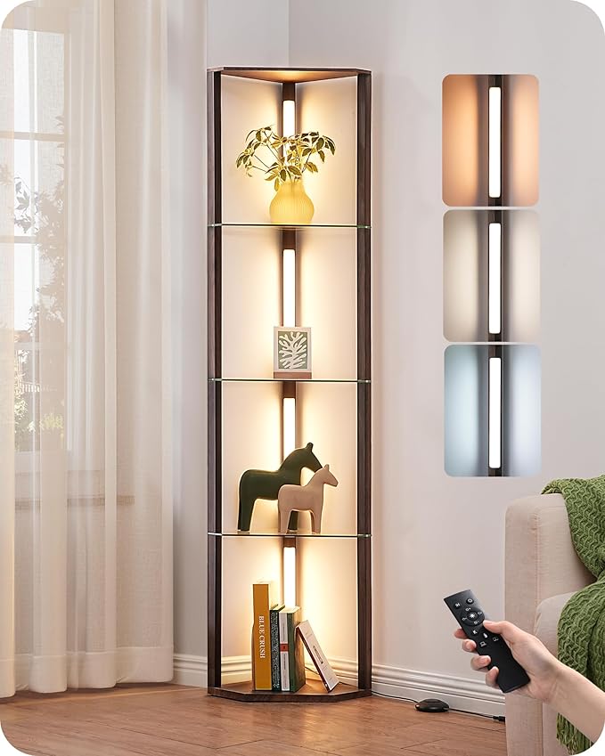 EDISHINE Floor Lamp with Shelves, 5-Tier Glass Display Shelf with Remote/Foot Control, 5CCT & Dimmable Corner Shelf Lamp, Open Display Cabinet, Floor Lamps for Living Room, Bedroom, Walnut Color