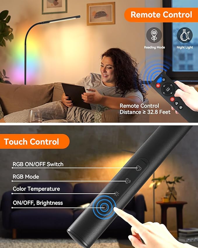 Pak Smart RGB Floor Lamp, LED Floor Lamp for Living Room, Modern Adjustable Gooseneck Standing Lamp with Music Sync, Scene Modes, Remote & Touch Control, Eye-Caring Reading Light for Bedroom Gaming