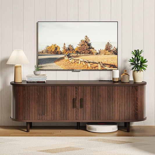 oneinmil 58" Fluted TV Stand with Sliding Doors, Mid Century Modern TV Stands, Entertainment Center with Storage and Adjustable Shelves, Wood Media TV Consoles for Living Room, Walnut