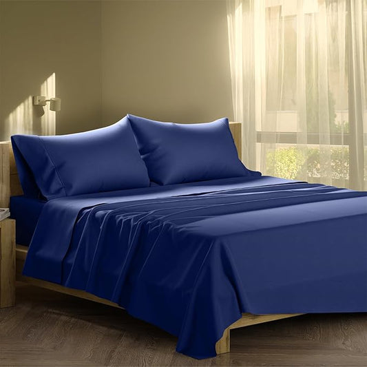 XOOX Linen California King Sheet Sets Cotton - 500 Thread Count 100% Cotton Cal King Sheets Set, 4 PC (Navy Blue), Luxury Soft, Cooling, Breathable 16" Deep Pocket Sateen Weave Hotel Bedsheets