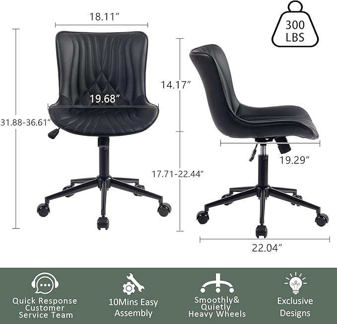 YOUTASTE Black Office Chair, Modern Armless Desk Chair with Back, Adjustable Swivel Rolling Faux Leather Task Chair with Wheels Metal Base for Home Office, Study, or Vanity