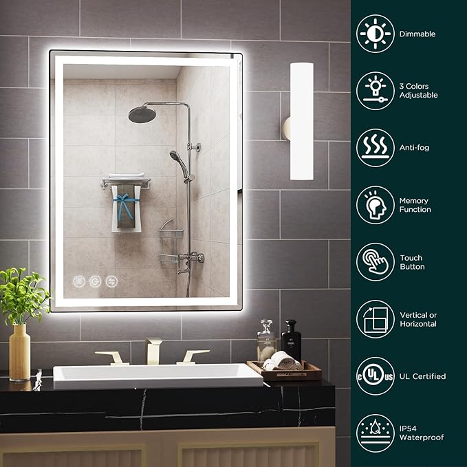 24"x 32" LED Bathroom Mirror with Stepless Dimmable Wall Mirrors with Anti-Fog, Dimmable CRI>90, Vanity Mirror with 3 Color Modes, Shatter-Proof, Memory Bathroom Mirror with LED Lights