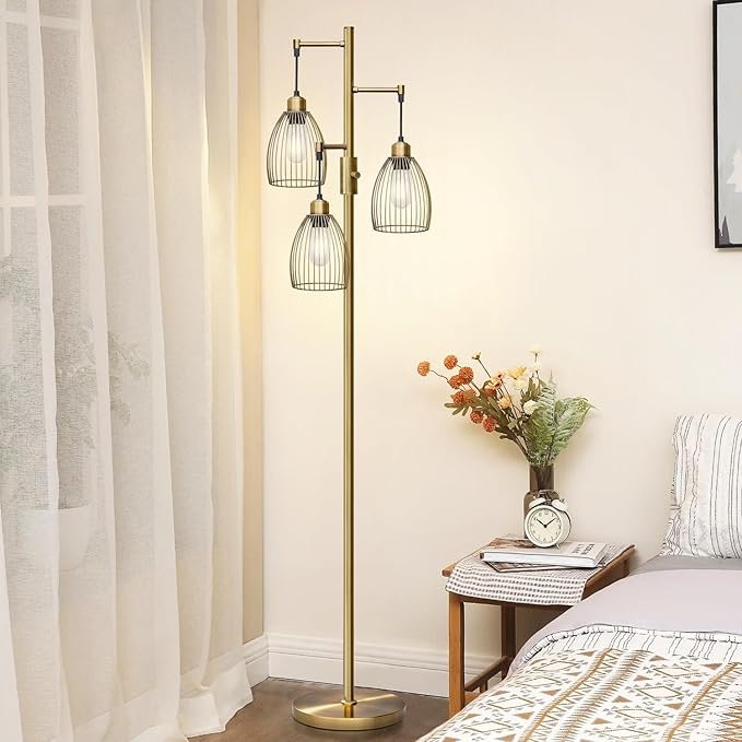 Dimmable Floor Lamp, 3 x 800LM LED Edison Bulbs Included, Farmhouse Industrial Floor Lamp Standing Tree Lamp with Elegant Teardrop Cage Tall Lamps for Living Room Bedroom Office Dining Room-Brass