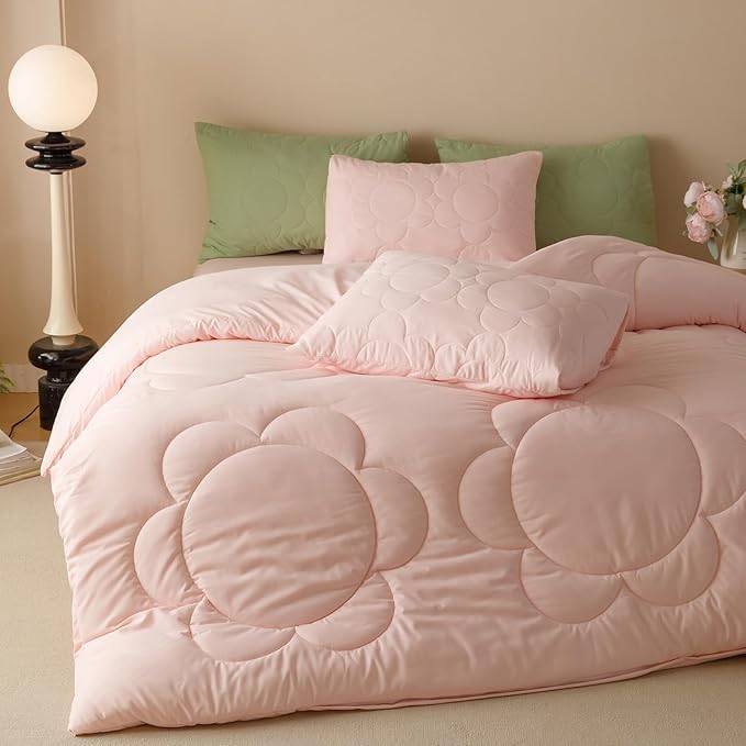 CLOTHKNOW Pink Queen Comforter Sets Daisy Puff Bedding Comforter Sets Soft Floral Queen Comforter Pink Comforter with 2 x Pillow Cases