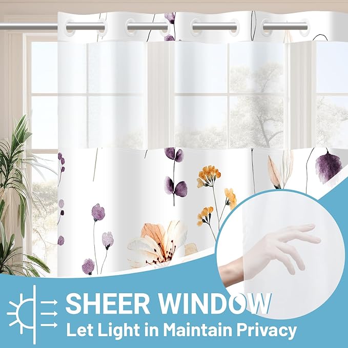 No Hook Shower Curtain with Snap in Liner - Floral Shower Curtain - Fabric Waterproof Inner Liner, Plants Watercolor Plum Flower Modern Shower Curtains - Machine Washable, 71 x 74