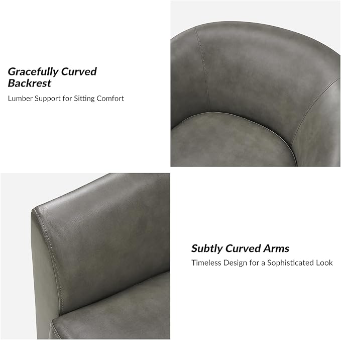 HULALA HOME Faux Leather Swivel Accent Chair with Solid Wood Base, Round Swivel Barrel Chair for Living Room and Bedroom, Grey