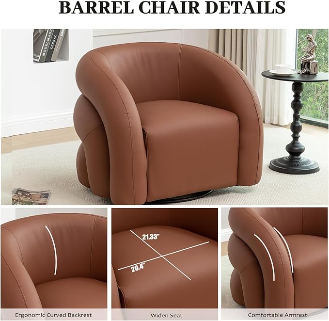 34.6" W Swivel Accent Chair, Modern Round Faux Leather Armchair for Living Room,Upholstered Comfy Sofa Chairs for Bedroom Reading Apartment Lounge,Fully Assembled(Brown)