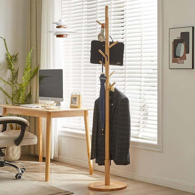 Wooden Coat Rack, Free Standing Coat Stand with 8 Hooks and 3 Height Options, Sturdy Kids Coat Tree Easy to Assemble, for Entryway Home Office Jackets Hat Purse Natural YD-1010