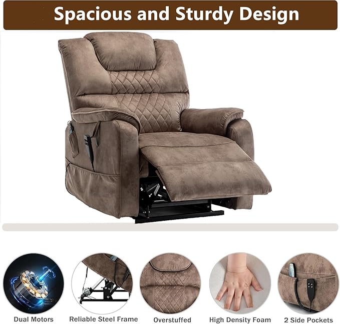 Lift Chair Recliner Lay Flat 180-Degree, Heavy Duty, Infinite Position Electric Recliner Chair Lift Chair with Massage and Heat, Dual Motor Power Stand Up Lifting Recliners for Seniors (Brown)