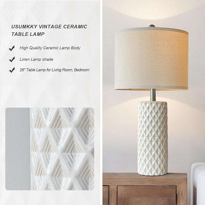 26" Tall Table Lamp for Living Room -Vintage White Lamps Set of 2 Modern Ceramic Lamps for Night Stands, Bedside Lamp for End Tables, Nightstand Lamps for Bedroom