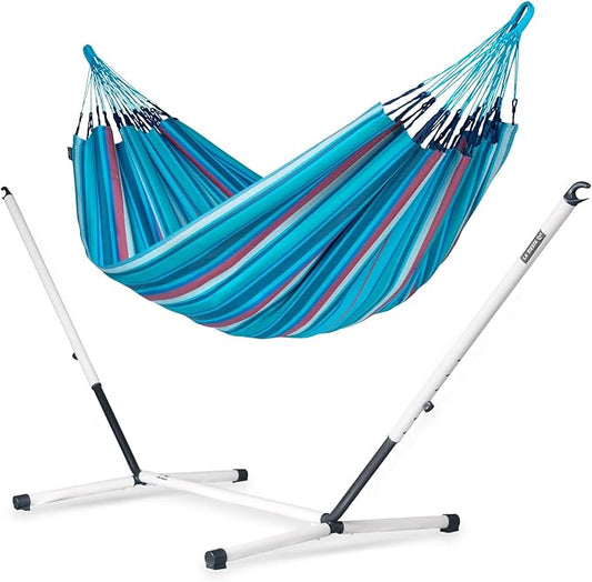 LA SIESTA® - Large Double Brisa Classic Hammock & Nautico Steel Stand - Weather & Tear Resistant Portable Hammock w/Stand - Balcony Porch Garden Outdoor Indoor Hammock - 2-Person Max 355 Lbs, Wave