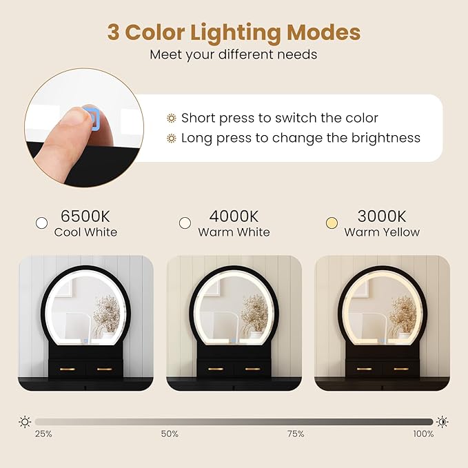 CHARMAID Vanity Desk with Mirror and Lights, Modern Makeup Vanity Table with 4 Drawers, 3-Color Dimmable LED Mirror, Girls Dressing Table and Stool Set for Small Bedroom (Black)