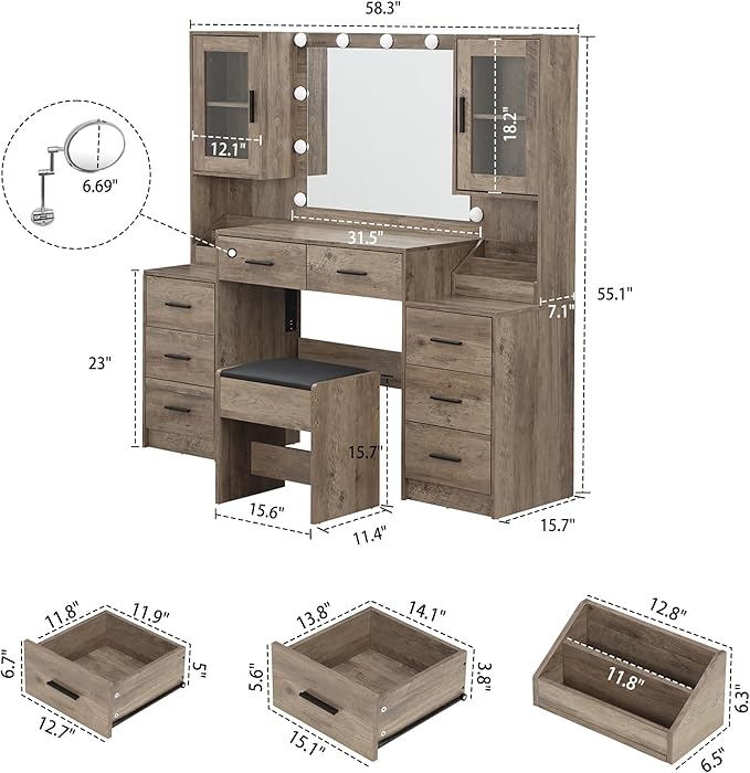 Extra Large Vanity with Folding Up Mirror and Lights,58.3'' Makeup Vanity Desk with Mirror and Lights,Outlet, Chair and Two Makeup Organizers,Dressing Table for Bedroom,Grey