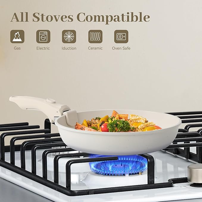 LABOR DAY SALE - Cuisinluv 15-Piece Ceramic Nonstick Pots and Pans Set – Kitchen Cookware with Detachable Handle, RV Camping Cookware Set – Oven & Dishwasher Safe, PFOA-Free – Cream White