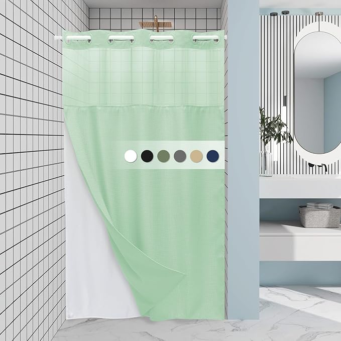 Mint Green Stall No Hook Shower Curtain with Snap in Liner,230GSM Waffle Weave Shower Curtains for Bathroom,54W x 80H