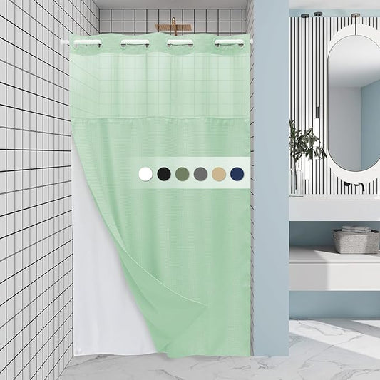 Mint Green Stall No Hook Shower Curtain with Snap in Liner,230GSM Waffle Weave Shower Curtains for Bathroom,54W x 80H