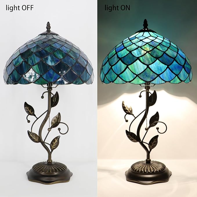 Tiffany Table Lamp, Stained Glass Desk Light, W12H19 Inch, Metal Leaf Base (Fishscale Style)