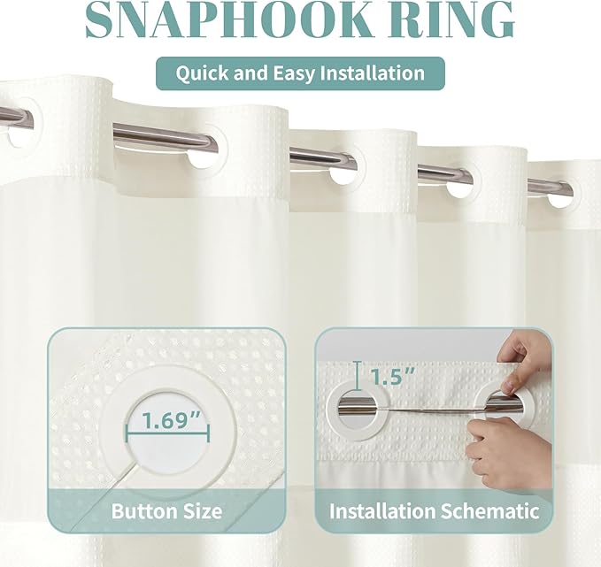 Cream Long No Hook Waffle Weave Shower Curtain with snap-in Liner Replacement, 230GSM Waterproof Fabric Hotel Shower Curtain Set for Bathroom, Through Mesh Top Window,71Wx80H