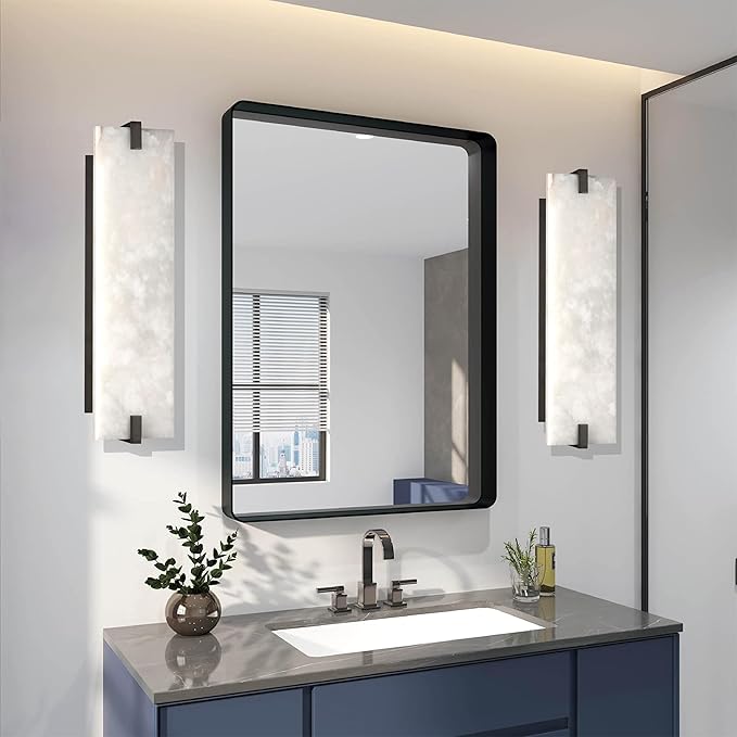 2 Pack 2 Light 20.7" Natural Square Alabaster Marble Bathroom Wall Sconce Modern Concise Style Wall Light Fixture,Black Finish for Bedroom Hallway Bedside