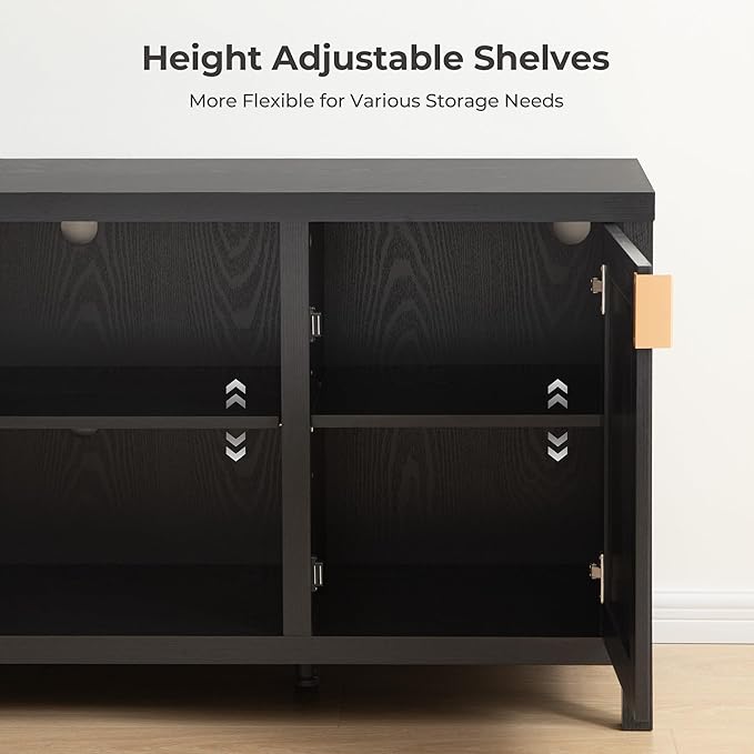 SICOTAS Rattan TV Stand for Living Room - 26" Tall Farmhouse Entertainment Center with Storage and Wicker Door, Media TV Console Cabinet for TVs Up to 65 Inch, Black Oak