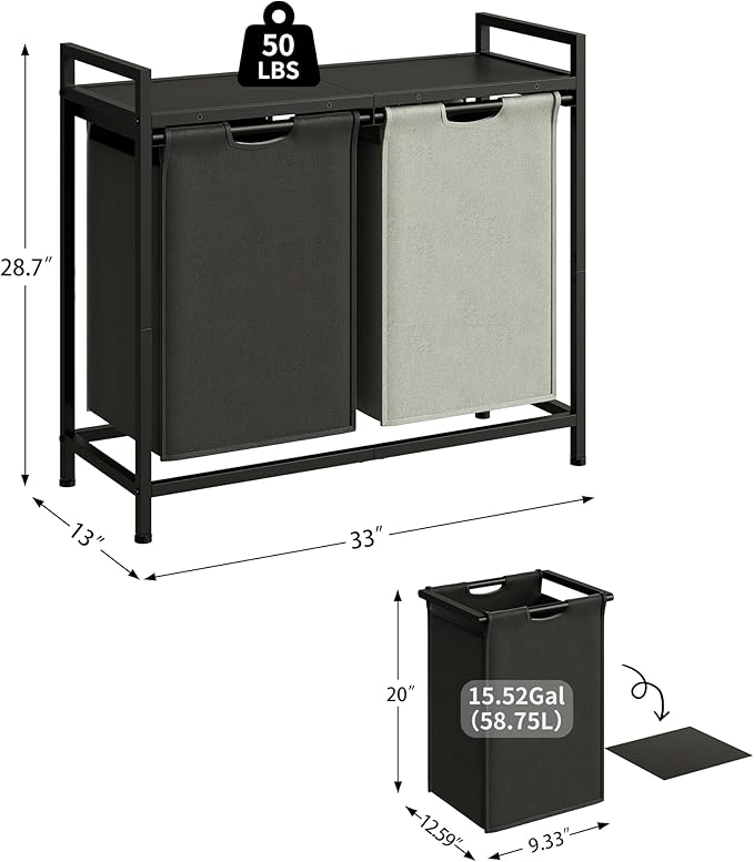 Laundry Hamper with Shelf, Laundry Basket 2 Section, Laundry Sorter with Pull-Out Removable Large 2 Color Bags and Movable, Metal Frame, 2 x 15.87 Gallons (60L), Black PF06XLK