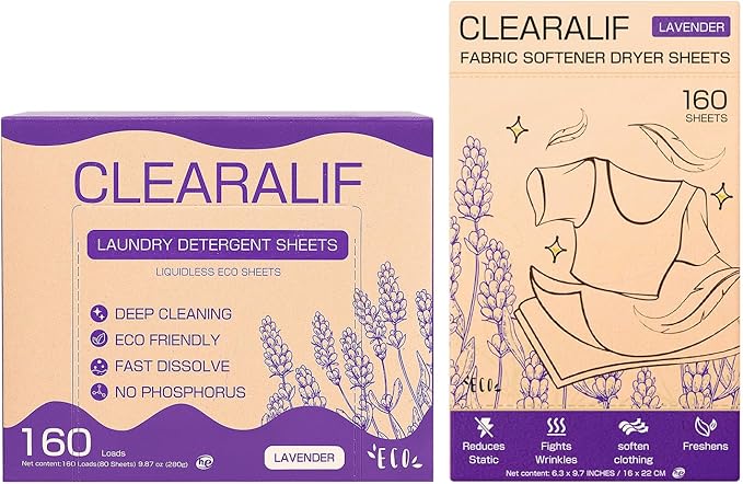 CLEARALIF All in One Laundry Detergent Sheets Kit, Lavender Scent, 160 Loads Laundry Sheets + 160 Drying Sheets, Laundry Set Great for Travel, Softener Sheets Eco Package Friendly & Hypoallergenic