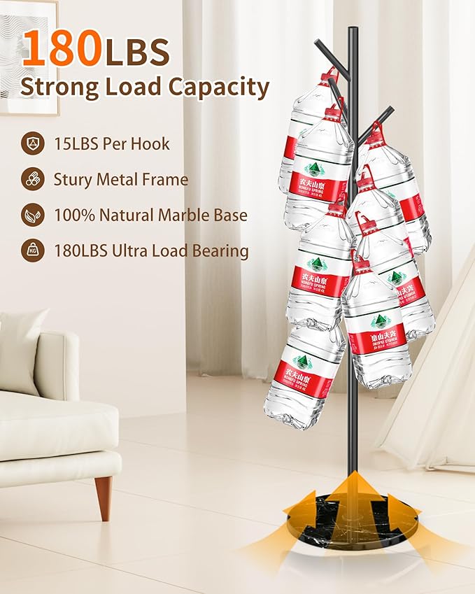 EZIVIEZ Modern Coat Rack Stand, Metal Freestanding Coat Rack with Natural Marble Base, Black Coat Racks with 8 Hooks and Coat Hanger Tree Jacket Stand for Office, Entryway, Hallway