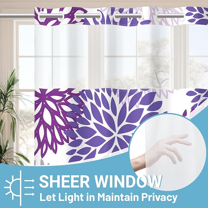 No Hook Shower Curtain with Snap in Liner - Dahlia Floral Shower Curtain - Fabric Waterproof Inner Liner, Plants Purple Grey Flowers Modern Cloth Shower Curtains - Machine Washable, 71 x 74