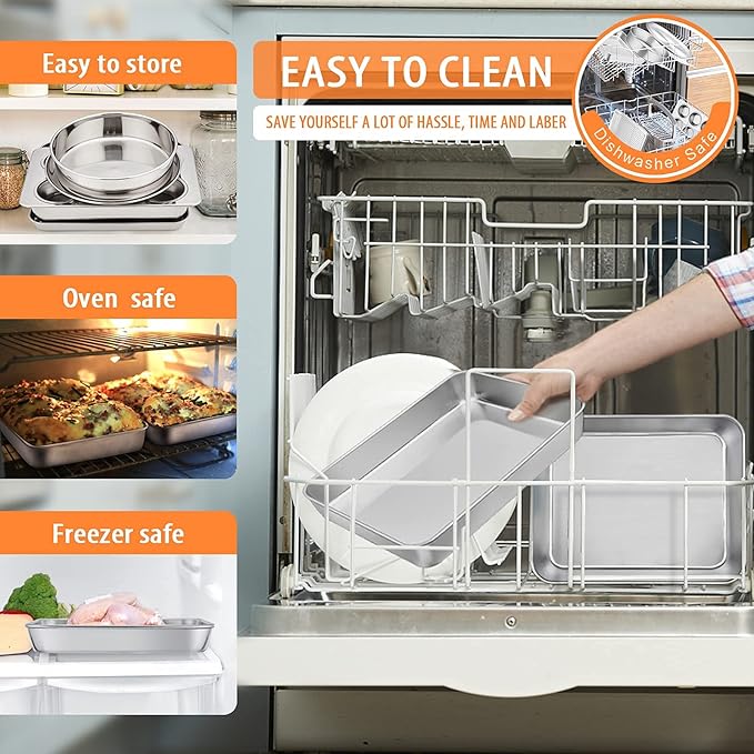 Toaster Oven Bakeware Set, E-far 8-Piece Stainless Steel Small Baking Pan Set, Include 6-Inch Cake Pan/Rectangle Baking Pan/Cookie Sheet with Rack/Muffin/Loaf/Pizza Pan, Non-Toxic & Dishwasher Safe
