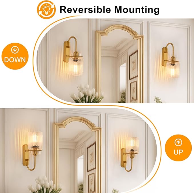Gold Bathroom Sconces Set of 2, Modern Wall Sconce with Clear Glass Shade, Indoor Farmhouse Wall Sconce for Living Room, Bedroom, Hallway, Stairwell and Kitchen