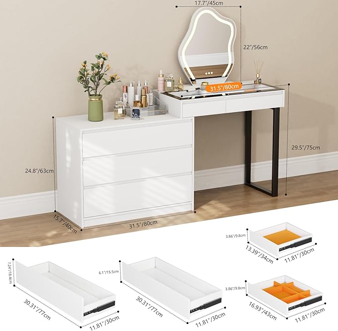 Corner Makeup Vanity Desk with Mirror and Lights, 58" Modern L-Shaped Vanity Table with Glass Top, Large Dressing Table with 2 Drawers & 3 Tier Dresser for Bedroom, White