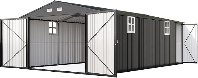 AMERLIFE 10x21x7.3 FT Outdoor Metal Garage Shed, Extra Large Storage Shed with Double Hinged Doors, 4 Windows, Carport for Car, Midsize SUV and Lawn Equipment, Dark Gray