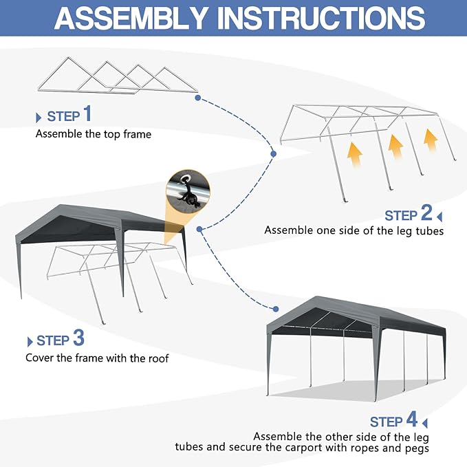 VINGLI 12x20 Carport Canopy Portable Garage, Car Canopy Heavy Duty Car Tent Garage for SUV, Boats, RVs, Trucks Party Tent Boat Shelter(Without Sidewalls)
