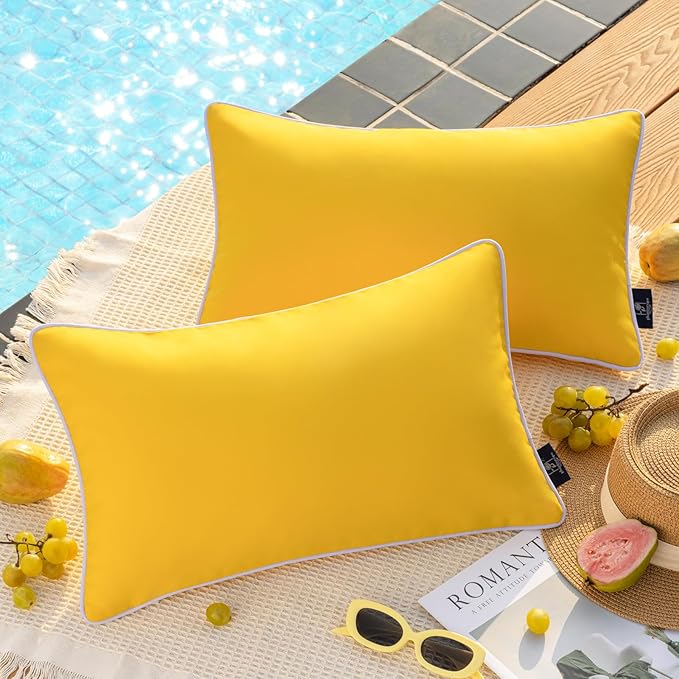 Phantoscope Pack of 2 Outdoor Waterproof Solid Throw Decorative Pillow Cover Decorative Square Outdoor Pillows Cushion Case Patio Pillows for Couch Tent Sunbrella, Yellow 12x20 inches 30x50 cm