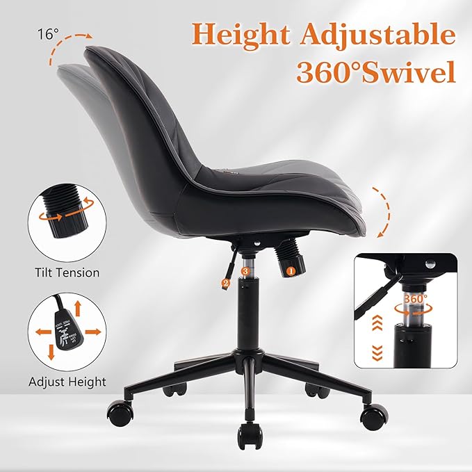 Rowill Modern Office Chair - Ergonomic Swivel Leather Desk Chair with Curved Backrest, Height Adjustable Rolling with Wheels, Perfect for Study Room & Office, Black