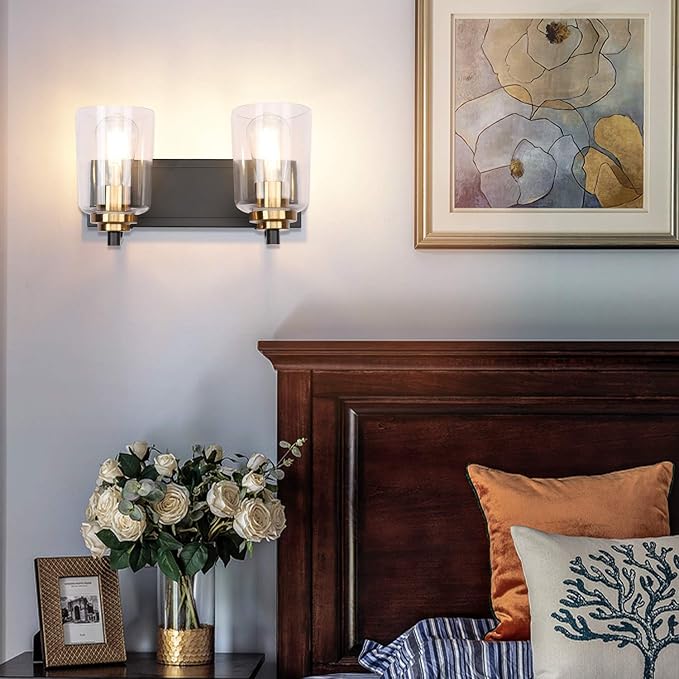 SOLFART 20.1 Inch Black Vintage Bathroom Vanity Light Fixtures Fixtures with Modern Glass Globe Shade Metal Brass Wall Lamp 2 Lights