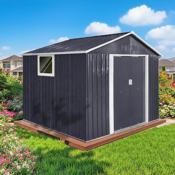 9 x 10.6 Ft Outdoor Storage Shed, Heavy-Duty Metal Shed with Windows & Secure Lockable Doors, Ideal Storage Shed for Outdoor, Patio, Garden, and Backyard, Black