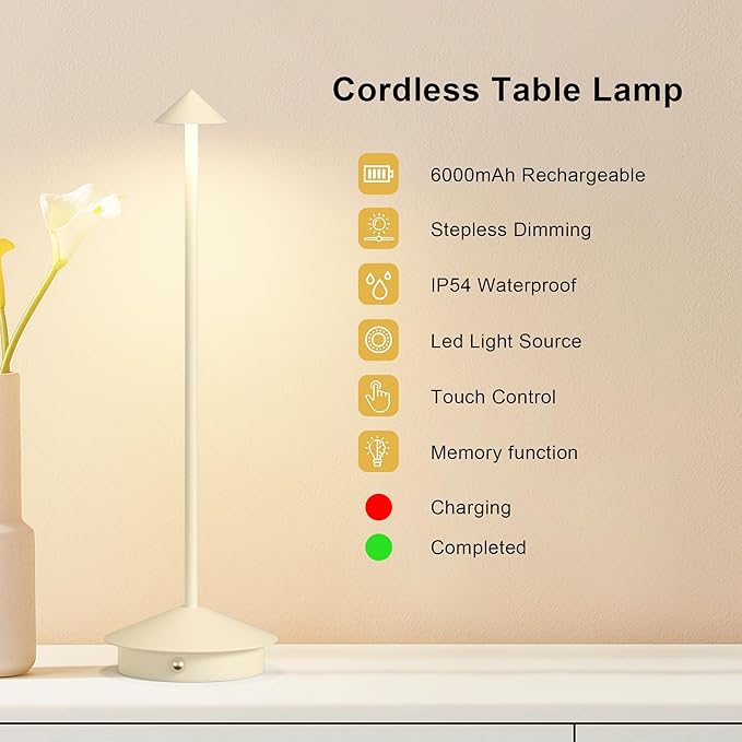 2-Pack 6000mAh Rechargeable Led Table Lamp Cordless,3000K-6000K Stepless Dimming Touch Lamps with Memory Function,IP54 Waterproof Aluminum Table Light for Outdoor/Bars/Restaurant/Patio(Beige)