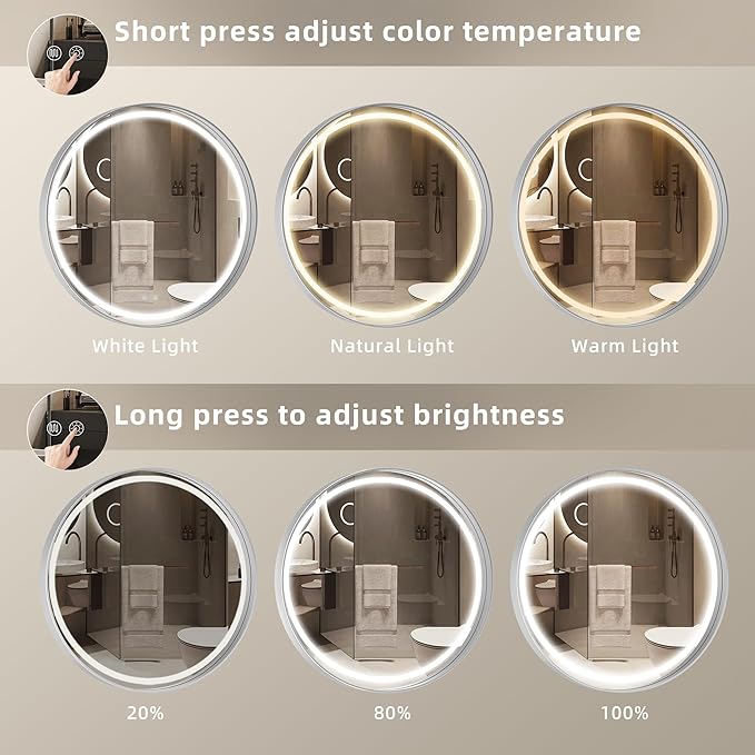 Hasipu 24 Round LED Mirror for Bathroom with Lights, Silver Circular Vanity Mirror for Wall, Metal Framed Frontlit Bathroom Mirrors Anti-Fog, Dimmable, 3 Colors Makeup Mirror Wall Mounted