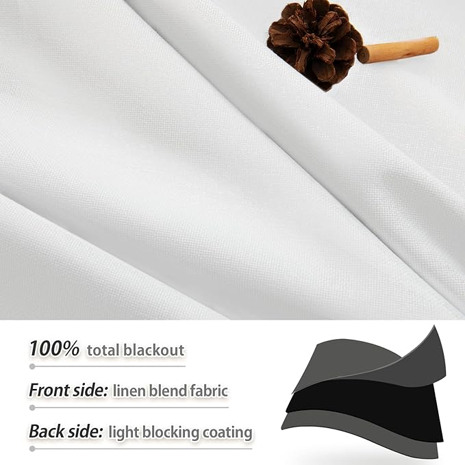 White Ivory Linen 100% Blackout Curtains 45 Inches Long 2 Panels Set for Kitchen Back Tab Thermal Insulated Black Out Linen Drapes Room Darkening Short Window Curtains 45 Inch Length