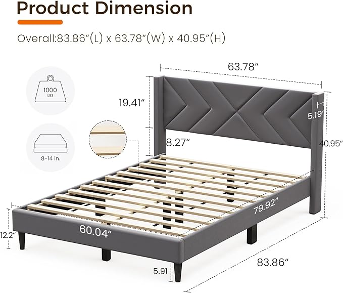 Casaottima Queen Bed Frame Upholstered Platform Bed with Wingback Headboard, Sturdy Wooden Slats Support, Noise-Free Mattress Foundation, No Box Spring Needed, Easy Assembly, Arrow Pattern Smoky Grey